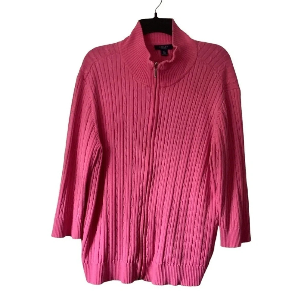 Chaps Pink Cable & Ribbed High Neck Zipped Knitted Sweater 100% Cotton Size 3X